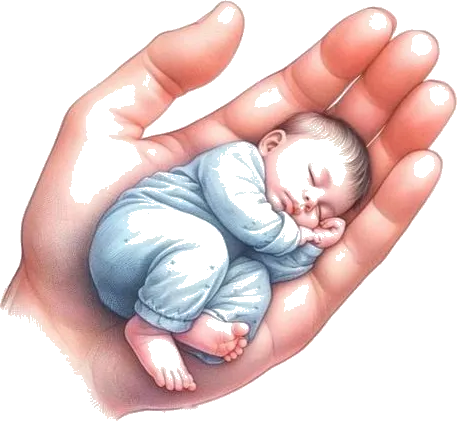 Illustration of a sleeping baby held gently in a hand